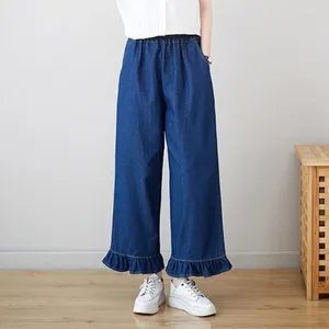 Dżinsy damskie 2024 Przyjazd jesień w stylu koreańskim kobiety luźne swobodne elastyczne bawełniane dżinsowe patchworki marszki szerokie nogi p538