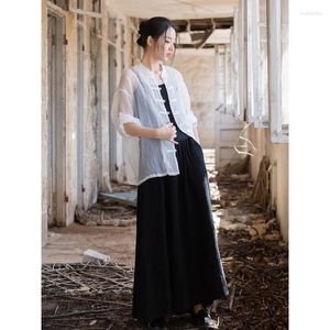 Polos femininos estilo chinês de algodão e camisa de linho Tradicional Design Sense Niche Sun Protection National Fashion Air Conditio