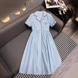 Basic & Casual Dresses designer Spring/Summer New Miu Nanyou Gaoding Gentle Girl Style Genuine Edge Binding Striped Mid length Dress 07BZ