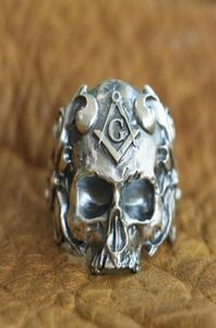 Liningion 925 Sterling Silver Masonic Skull Ring Mens Biker Punk Ring Ta116 USサイズ7〜154752776