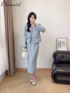 Work Dresses French Retro Blue Sequins Diamond Tweed Short Coat Long Sleeve Top High Waist Slimming Skirt Elegant Women's Two Piece Set