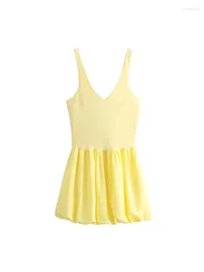 Abiti casual sexy Lady Fashion Patchwork Giallo Mini Abito Giallo Giallo Giallo 2024 Slip a pieghe in stile streetwear