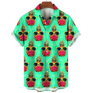 Mäns casual skjortor roliga design ananas solglasögon grafiska blusar mode hip hop frukt 3d tryckta skjortor för män kläder sommaren y2k knapp toppar y240506