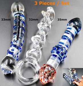 W1031 3 штуки Pyrex Glass Dildos Crystal Fake Penis Dicks для взрослых анальные продукты Женские мужские мастурбационные секс -игрушки, установленные для женщин Men6470746