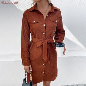 Casual Dresses Women's Lapel Corduroy Belt Linen Women Summer Pencil Long Sleeve Maxi Dress Party Short Fashion Foreign Trade Wear