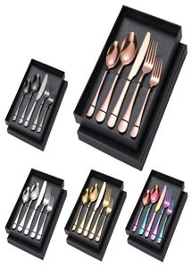 Upscale 5pcsset Tableware Set Rose Golden Spoon Fork Knife Dinnerware Set Black Flatware Sets Colorful Rainbow Gold Cutlery Box8020750