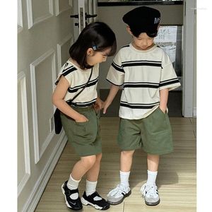 衣類セット子供の双子の双子の服の兄弟姉妹衣装韓国人ボーイTシャツショーツ2ピーススーツキッズガールベストスカート2ピース