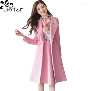 Arbetsklänningar Uhytgf Autumn Winter 3 Pieces Set Women Woolen Coat Chiffon Shirt and Kirt Three -Piece Quality Clothing Set 954