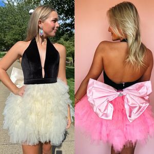 Velvet Halter Cocktail Party Dress Bow Fit-n-Flare Little Black Swan Lady Semi Formal Event Hoco Gala Graduation NYE Sweet 16 Dance Homecoming Holiday Gown Black-Tie