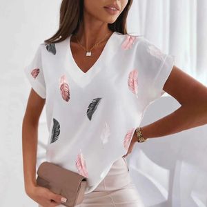 Women's T-Shirt Womens summer V-neck short sleeved top with feather pattern 3D printed T-shirt casual fashion street clothing commuting clothingL2405