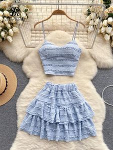 Sukienki robocze Singreiny Sweet Ruched dwa kawałki zestawy V Pasek do szyi plon topy krótka plisowana spódnica kobiet Korean Style Chic Summer Beachwear