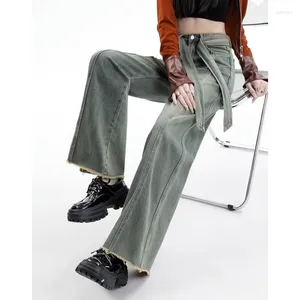 Frauen Jeans Grün für Frauen Gürteltiere hohe Taille American Fashion Y2K Chic Streetwear Weitbein Jean 2024 Weibliche Hosen Baggy Jeanshose