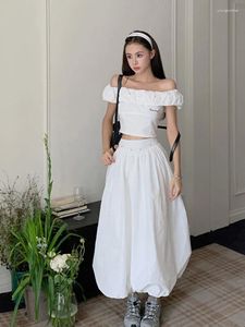 Vestidos de trabalho Branco Duas peças Define mulheres Manga curta fora da blusa de ombro Elegante Moda Sólida Uma Linha High Saias Maxi Mulher