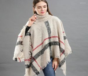 Lenços outono mulheres luxuosas lã xadrez cardigan gurtleneck cape inverno tricô quente batwing sem mangas tartan poncho sweater3450728