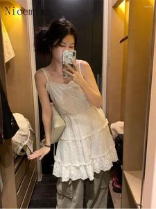 Casual Dresses Ballet Girl Bow Tie Hook Flower Hollow A-line Short White Dress Summer Sleeveless Waist Slimming Suspender For Women