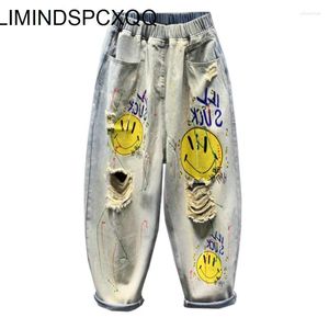 Frauen Jeans 2024 Frühlings- und Sommer-Cartoon hellblau locker angeschlagen Frauen Fashion Elastic Taille Wide Legs Harem Hosen weiblich