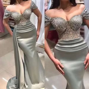 Mermaid Dresses Sier Off Bridesmaid The Shoulder Beaded With Detachable Train Satin Sleeveless Strap Ruched Custom Made Plus Size Maid Of Honor Gowns