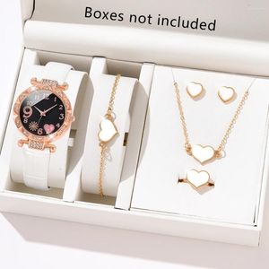 Armbandsur 5st/set Women's Pink Heart Fashion Quartz Watch Simulation Pu Leather Watchheart Shaped Jewelry Set Mother's Day Gift