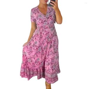 Party Dresses Vacation Dress Floral Print V Neck Maxi With Ruffle Edge High midja A-Line Silhouette för dejting eller strand Ankellängd