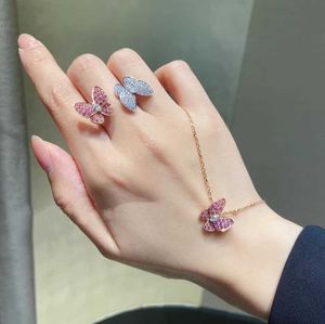 Hot Van Butterfly Necklace 925 Sterling Silver Plated 18K Gold Diamond Set Double Pink Ring Earrings