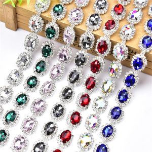 Accessories New Sier Metal Oval Glass Crystal Rhinestone Cup Chain Sew on Wedding Dress Belt Dance Clothes Shoes Bags Decoration Trim