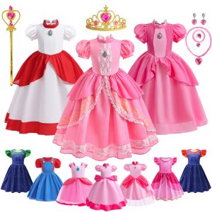 Klänningar 2023 Halloween Cosplay Game Movie Super Bros Princess Peach Dress for Girl Christmas Kids Pageant Luigi Brothers Plumber Costume
