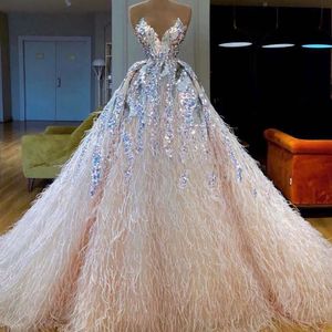 Bridal Bling Neck Newest Sequins Design V Feather Sweep Train Formal Party Gowns Custom Made Long Dress Wedding Dresses es