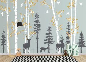 Stickers Large Birch Trees Deer Birds Wall Decal Living Room Playroom Travel Pine Tree Jungle Forest Animal Wall Sticker Kids Room