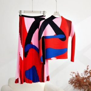 Miyake Piled İki Parçalı Set Kadın Turtlenek Uzun Kollu Colorblock Yüksek Stranty Üstler Orta Uzun Etek Takım Kadın Kıyafetleri 240426