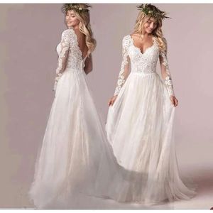 A-Line Long V-Neck Lace Elegant Wedding Dresses Sleeves Backless Applicant Layered Zipper Court Custom Made Plus Size Bridal Gown Vestidos De Novia