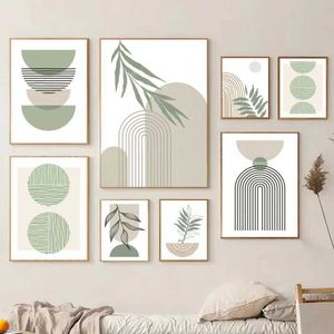 Nordic Minimalist Bohemian Style Wall Art med gröna blad HD -oljemålningsaffischer och tryck för hem- och vardagsrumsdekoration J240505