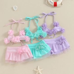 Roupas de banho 024m Baby Swimsuits Girls Bikini Sets 2024 New 3D Flower Halter Up Tops and Mesh Skirt Shorts