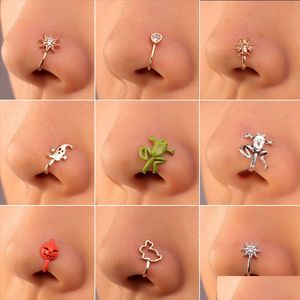 Nose Rings & Studs Clips Hoops For Women Non-Piercing Body Jewlery Copper Gold Color Love Heart Star Animal Rabbit Wholesale 2023 Dro Dhwlz