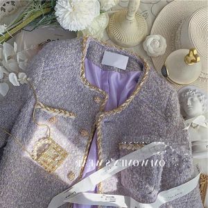 Kleine duftende Lavendel lila Tweed Kurzmantel Frauen Herbst und Winter High Sense Coats Jacke weibliche Dame Stoff 240506