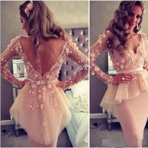 Floral Homecoming 3D Backless Cute Dresses Pink Applique Peplum Beaded Pearls Ribbon Tiered Organza Long Sleeves Tail Party Gown