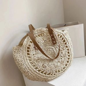 Yogodlns Summer Round Straw Bag para Women Hollow Tell Travel Beach Bolsa de compras casual de grande capacidade para compras 240423