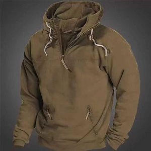 Herrtröjor tröjor 2024 Spring och Autumn Mens Solid Vintage Hoodie Half Zipper Sports Tactical Casual Shirt Coat Q240506