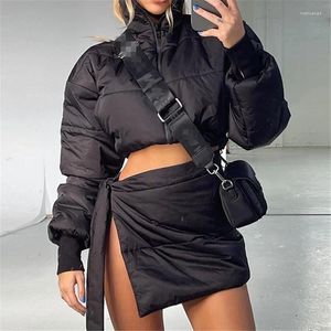 Work Dresses Trendy Puffer Down Jacket 2 Piece Sets Zipper Thick Short Coat And Mini Bandage Split Skirts Winter Biker Style Lady Warm