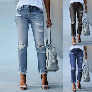 Jeans femininos de jeans de jeans de jeans de cintura esticada rasgou um buraco magro e magro de rua de rua quebrada