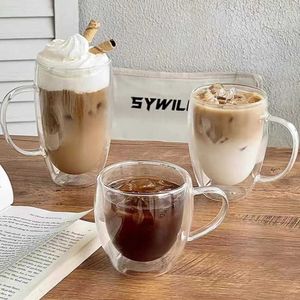 Tumblers 1pc 250 350 450ml Double Wall Coffee Cups Glasses 12oz Espresso Cappuccino Latte Tea Mugs with Handle Heat Resistant Glass H240506
