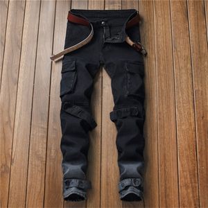 Men Streetwear Hip hop Multi-pocket Cargo Motorcycle Skinny Jeans Distressed Slim fit Stretch black Denim Biker Pencil pants C1123 235M