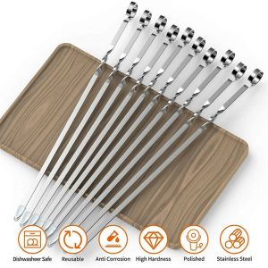 Acessórios 12pcs 38 cm de aço inoxidável churrasqueiro bobs de churrasco para churrasco define uma alça longa kabob espeto