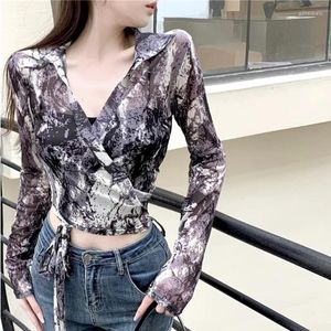 Women's Polos Retro Ink Tie-dyed French Shirt Feminine Short Design Tie Strappy Long-sleeved Top