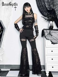 Frauenhose Capris Ingoth Patchwork Flared Hosen gedruckt Spitze Samt Schnüre-up S-Through Elegante schwarze Hosen Goth Strt Harajuku Retro Jogginghose Y240504