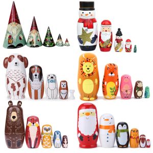 Dockor 1 Set Matryoshka Dolls Wood Russian Nesting Dolls Babushka Hand Paint Bear Poupee Russe For Kids Gifts Crafted Doll Home Decor