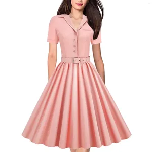 Casual Dresses Summer 50s 60s Vintage Elegant Women Short Sleeve Belted Pleated Solid Button Pinup Rockabilly Retro Party Swing Dress