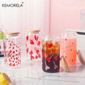 Tumblers 400ml kalpler Bambu kapağı ve saman suyu süt bira ile basılı cam bardak yüksek borosilikat sevgililer günü gün mevcut H240506