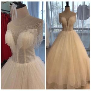 Scoop Dresses Beading Neck Tassles Sexy Illusion Bodice Sparkly Ballgown Wedding Bridal Gowns Custom Made Vestido De Novia