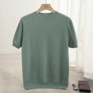 T-shirts vår sommarmens kort ärm ren ull t-shirt tröja o-hals fast färg lös pullover stickad tröja avslappnad topl2405