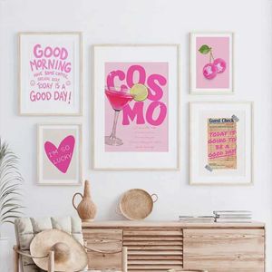 Tro Aesthetics Wall Art Cocktail Cherry Rosa Posino di pittura ad olio HD prefabbricato Poster di tela e decorazioni per la camera da letto stampato Gift J240505